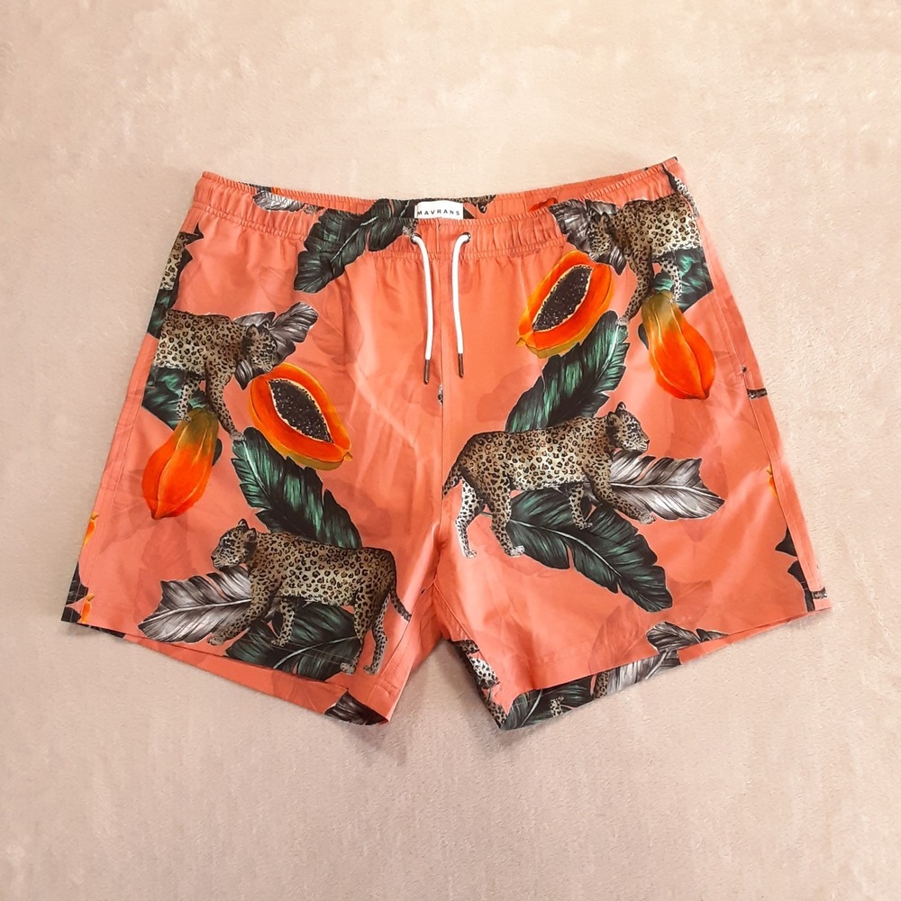 Mavrans Mens Fruta Bomba Swim Trunks 2XL Coral Leopard Print Mesh Lined NWOT!